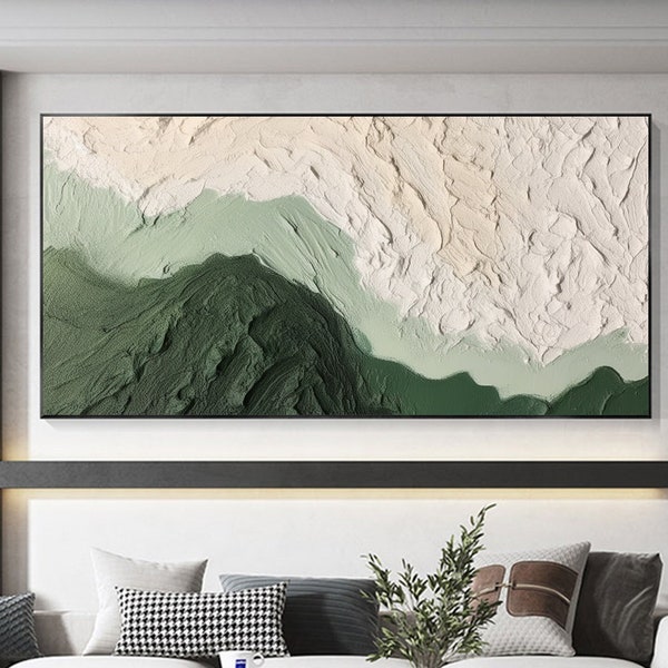 Abstract Minimalist Beach Oil Painting on Canvas,Original Texture Wall Art Custom Green Ocean Wave Painting,Large Wall Art Living Room Decor