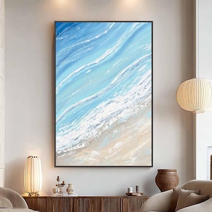 Abstract Ocean Waves Oil Painting On Canvas, Large Wall Art, Original Blue Beach Painting, Custom Seascape Painting, Living room Wall Decor