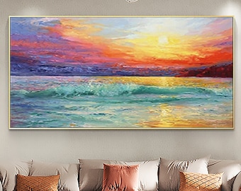 Abstract Sunrise Ocean Oil Painting, Textured Coastal Landscape on Canvas