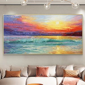 Abstract Sunrise Ocean Oil Painting on Canvas, Large Original Custom Modern Textured Coastal Landscape Painting Living Room Wall Home Decor