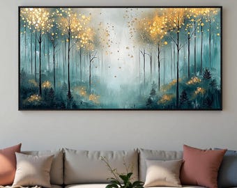 May include: A large framed artwork depicting a forest scene with tall, slender trees in shades of teal and gold. The painting has a dreamy, ethereal quality, with a soft, blurred background. The artwork is displayed above a beige sectional sofa.