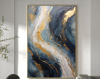 Pittura a olio astratta con texture in lamina d'oro su tela, pittura personalizzata di grande arte da parete, decorazione da parete blu originale, decorazione minimalista per soggiorno, regalo