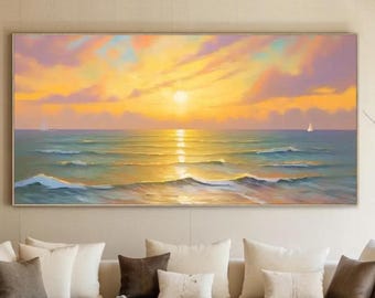 Large Sunset Ocean Painting, Serene Seascape Canvas Wall Art, Coastal Beach House Decor, Gentle Waves Sea Art, Sunrise Landscape Art