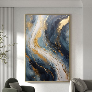 Abstract Gold Foil Texture Oil Painting On Canvas, Large Wall Art Custom Painting,Original Blue Wall Decor Minimalist Living Room Decor Gift