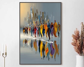 May include: Abstract oil painting on canvas featuring a line of figures in colorful robes, reflected in the water. The background shows a cityscape with tall buildings. The artwork is framed and displayed on a white wall.