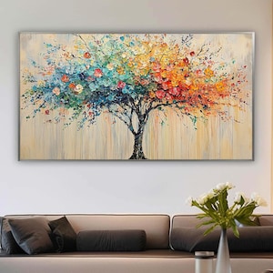 Original Colorful Tree Oil Painting On Canvas, Large Wall Art Abstract Hand-Painted Multicolor Tree Canvas Art Modern Living Room Home Decor