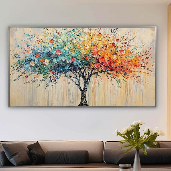 Cuadro grande de árbol colorido, arte floral texturizado sobre lienzo, decoración de pared abstracta de árbol en flor
