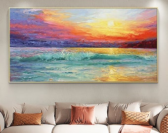 Abstract Sunrise Ocean Oil Painting on Canvas, Large Original Custom Modern Textured Coastal Landscape Painting Living Room Wall Home Decor