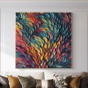 Abstract Colorful Feather Oil Painting on Canvas, Original Minimalist Art Painting, Custom Painting, Texture Wall Art Living Room Wall Decor