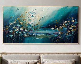 Original Ocean Landscape Oil Painting On Canvas, Large Wall Art, Abstract Blue Flower Painting, Custom Seascape Painting, Living Room Decor