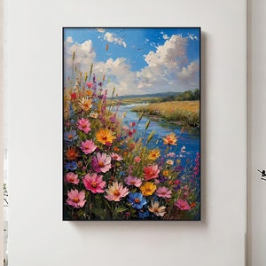 Original Colorful Flower Oil Painting On Canvas, Large Abstract Floral Landscape Painting, Custom Blossom Wall Art Modern Bedroom Wall Decor
