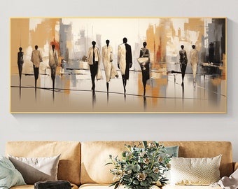 Original Walking People Oil Painting on Canvas, Large Wall Art Abstract Street Scene Art Golden Wall Decor Modern Living Room Home Decor