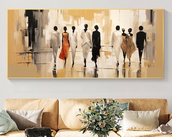 Abstract Walking People Oil Painting on Canvas, Large Wall Art Original Golden Modern Wall Art Living Room Wall Decor Retro Wall Art Gift