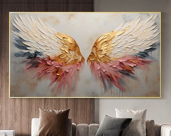 Peinture à l'huile originale d'ailes d'ange sur toile, grand art mural abstrait art aile d'or, peinture personnalisée, décoration d'intérieur minimaliste, cadeau personnalisé
