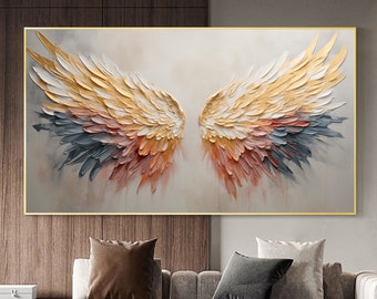Dipinto a olio astratto con ala d'angelo su tela, grande arte da parete, originale ala colorata con trama artistica da parete, decorazione minimalista per soggiorno, regalo