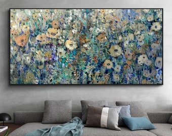 Abstract Spring Flower Oil Painting on Canvas, Large Original Floral Colorful Landscape Texture Acrylic Art Living Room Wall Art Home Decor