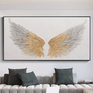 Large Gold Angel Wing Oil Painting on Canvas, Abstract Original Modern Minimalist Custom 3D Textured Acrylic Painting Bedroom Wall Art Decor