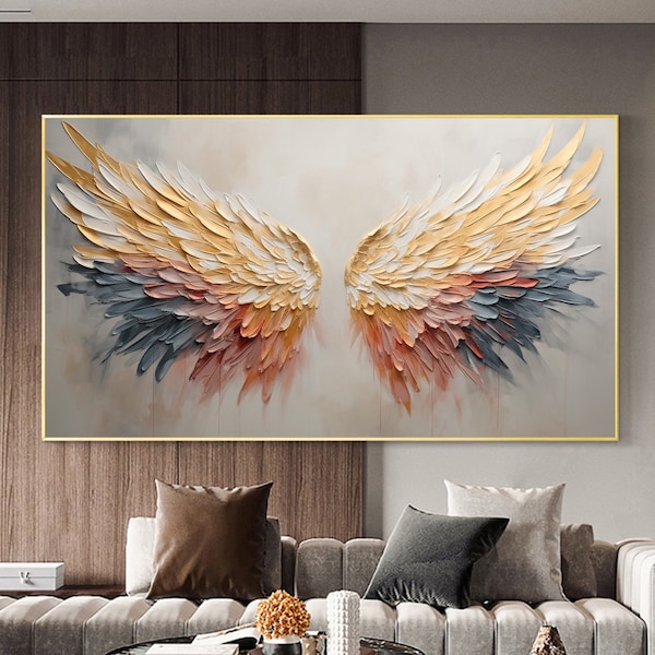 Peinture à l'huile abstraite d'aile d'ange sur la toile, grande art mural, art coloré original d'aile d'aile de texture art mural minimaliste de salon cadeau