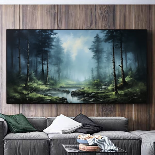 Pintura al óleo minimalista de un exuberante bosque sobre lienzo, arte mural de gran tamaño, pintura personalizada original abstracta de un árbol verde, decoración de pared para sala de estar y hogar.
