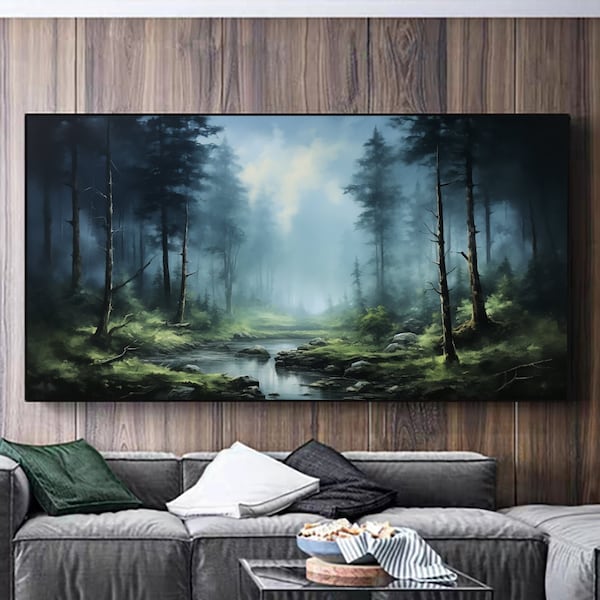 Minimalist Lush Forest Oil Painting on Canvas, Large Wall Art Custom Painting Original Abstract Green Tree Wall Decor Living Room Home Decor