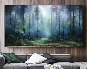 May include: A large abstract painting of a forest scene with a blue and green color scheme. The painting depicts a misty forest with tall trees and a path leading into the distance.