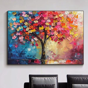 Hand Painted Abstract Colorful Tree Oil Painting On Canvas, Original Blooming Tree Painting, Large Wall Art, Modern Living Room Home Decor