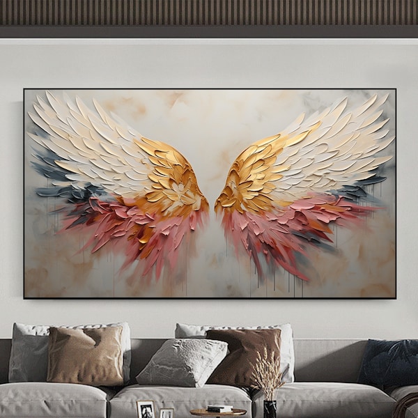 Textured Angel Wings Painting, Gold & Pastel Colors, Modern Abstract Wall Art, Large Canvas Print