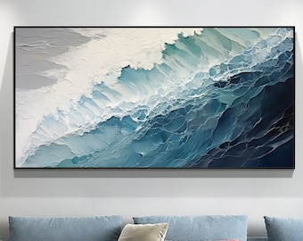 Original Ocean Wave Oil Painting On Canvas, Large Wall Art, Abstract Minimalist Painting, Custom Blue Sea Wall Art Living Room Decor Gift