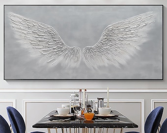 Large White Angel Wing Oil Painting on Canvas, Abstract Original Modern Minimalist Custom 3D Texture Acrylic Painting Bedroom Wall Art Decor