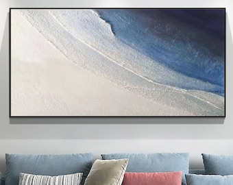 Original Texture Blue Seascape Oil Painting on Canvas, Large Modern Abstract Beach Painting Landscape Acrylic Wall Art Bedroom Home Decor