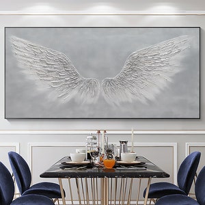 Large White Angel Wing Oil Painting on Canvas, Abstract Original Modern Minimalist Custom 3D Texture Acrylic Painting Bedroom Wall Art Decor
