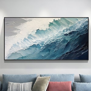 Original Ocean Wave Oil Painting On Canvas, Large Wall Art, Abstract Minimalist Painting, Custom Blue Sea Wall Art Living Room Decor Gift