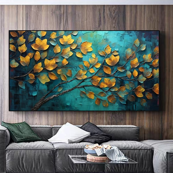 Árbol abstracto deja pintura al óleo sobre lienzo, arte de pared grande, pintura de paisaje de hoja dorada original, pintura personalizada, regalo de decoración de sala de estar