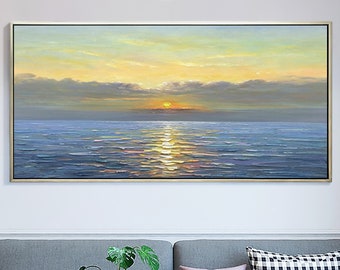 Abstract Sunrise Ocean Landscape Oil Painting on Canvas, Large Original Custom Blue Sea Beach Acrylic Painting Living Room Wall Art  Decor