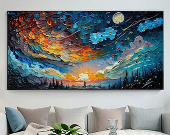 Original Colorful Sky Oil Painting on Canvas, Large Wall Art Custom Painting, Abstract Night Landscape Art Boho Wall Decor Living Room Art