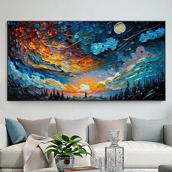 Original Colorful Sky Oil Painting on Canvas, Large Wall Art Custom Painting, Abstract Night Landscape Art Boho Wall Decor Living Room Art