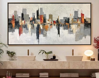 Pintura al óleo de paisaje urbano moderno, arte mural texturizado de gran tamaño, obra de arte abstracto con reflejos, arte de horizonte con espátula para sala de estar y oficina.