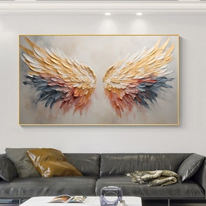 May include: A large abstract painting depicting a pair of angel wings with gold, pink, red, and blue feathers. The wings are painted in a textured style, giving them a 3D effect.