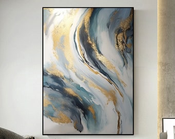 Abstract Gold Foil Texture Oil Painting On Canvas, Large Wall Art Custom Painting,Original Blue Wall Decor Minimalist Living Room Decor Gift