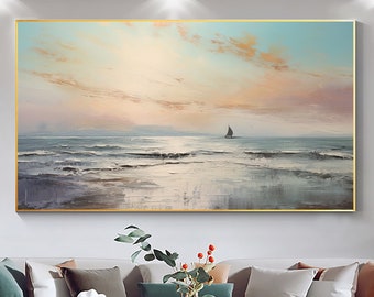 Abstract Nautical Oil Painting on Canvas, Large Wall Art, Original Ocean Landscape Painting Beach Decor Minimalist Art, Living Room Decor