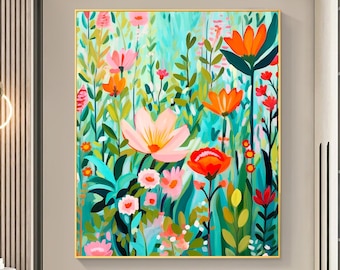 Abstract Colorful Flower Oil Painting On Canvas, Large Wall Art Custom Painting, Original Floral Art Minimalist Art Living Room Decor Gift