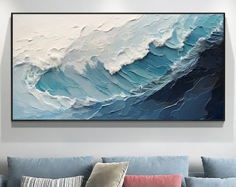 Pittura a olio originale dell'onda dell'oceano su tela, grande arte da parete, pittura astratta minimalista, regalo personalizzato per l'arredamento del soggiorno con arte della parete del mare blu