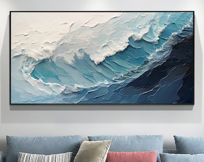 Crashing Ocean Wave Painting, Blue and White Seascape, Modern Coastal Wall Art