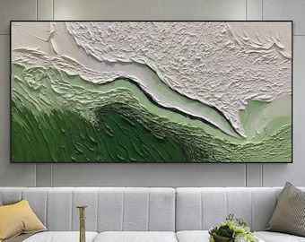 Pintura al óleo de playa minimalista original sobre lienzo, pintura de ola oceánica verde de textura abstracta, pintura personalizada, decoración de sala de estar de arte de pared grande