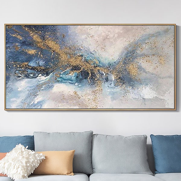Abstract Gold Texture Oil Painting on Canvas, Large Wall Art, Blue Original Custom Painting Modern Living Room Office Wall Art Home Decor