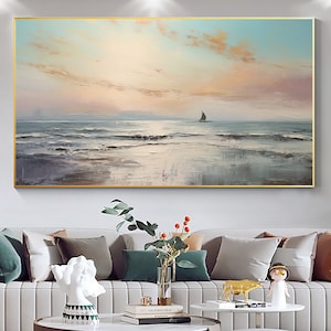 Abstract Nautical Oil Painting on Canvas, Large Wall Art, Original Ocean Landscape Painting Beach Decor Minimalist Art, Living Room Decor