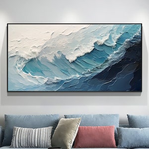 Original Meereswellen-Ölgemälde auf Leinwand, große Wandkunst, abstraktes minimalistisches Gemälde, individuelle blaue Meer-Wandkunst, Wohnzimmer-Dekoration, Geschenk