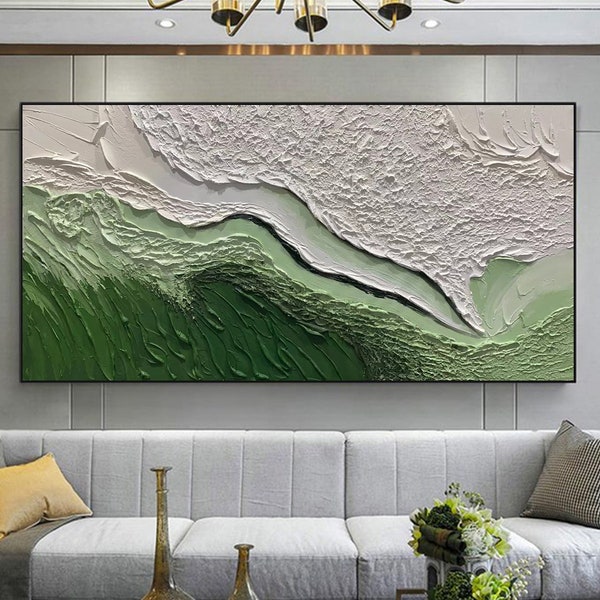 Original Minimalist Beach Oil Painting on Canvas,Abstract Texture Green Ocean Wave Painting,Custom Painting,Large Wall Art Living Room Decor