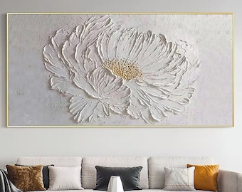 Large Flower Oil Painting on Canvas, Canvas Wall Art, Original Abstract Minimalist Art White Decor, Custom Painting Living Room Home Decor