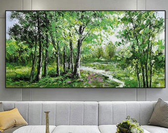 Abstract Forest Oil Painting on Canvas, Large Wall Art, Original Green Tree Landscape Art, Minimalist Custom Painting Living Room Home Decor